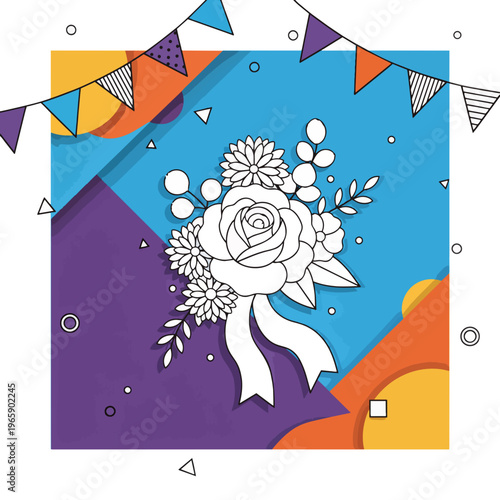 Floral wrist corsage line art vector illustration. Prom dance and event celebration concept. Abstract colorful geometric background isolated on transparent