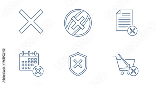Set of rejection symbols and icons against white background for various concepts