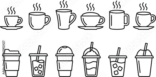 Coffee Cup Line Icon Set with Hot Drinks and Cold Beverages Including Takeaway Cups Mugs and Iced Drinks for Cafe Menu and App Design