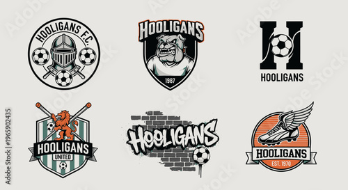 Set of soccer club logo designs with knight bulldog and football elements