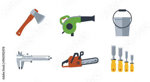 Set of tools axe leaf blower bucket caliper chainsaw and chisels