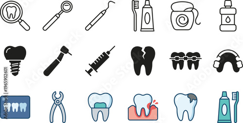 Dental Care and Dentistry Icon Set Featuring Teeth Cleaning, Braces, Implants, Tools, Oral Hygiene, and Medical Treatment Elements for Healthcare UI Design