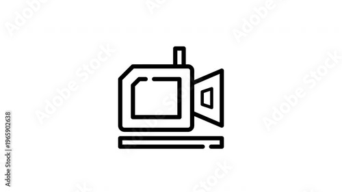 Linear video camera in black outline style for tech presentations, video editing tutorials, filmmaking resources, and digital content creation.
