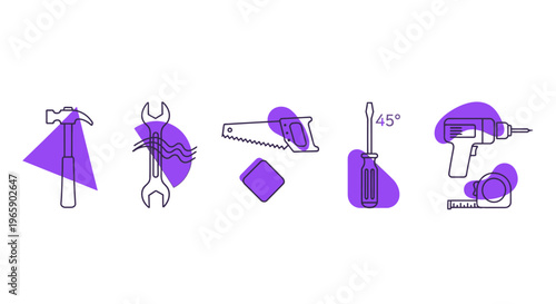 Set of various hand tools silhouettes on white background