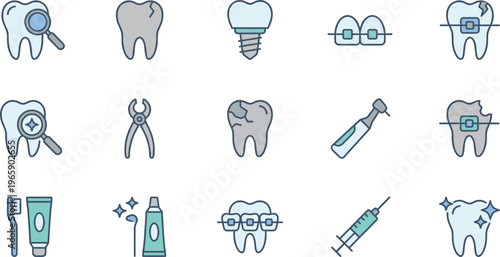 Dental Care and Dentistry Icon Set Featuring Teeth, Braces, Implants, Tools, Hygiene, and Oral Healthcare Elements for Medical UI Design
