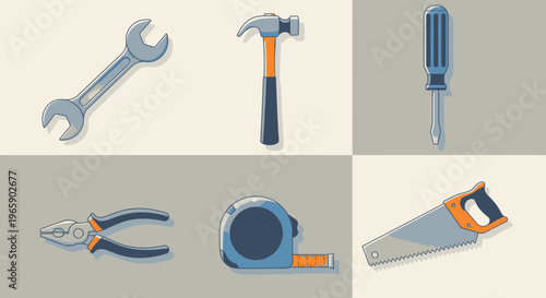 Set of various hand tools illustrations on a neutral background