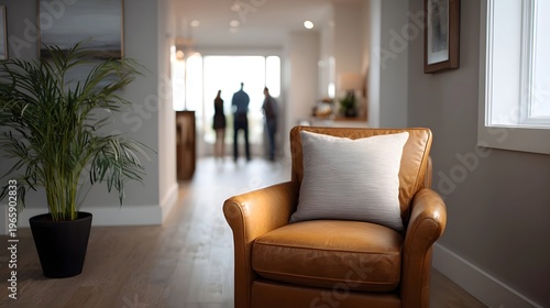 Wallpaper Mural A comfortable brown leather armchair is positioned in the foreground of a bright modern home interior with blurred figures in the background Torontodigital.ca