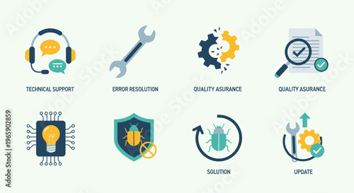 Set of vector icons related to technical support and error resolution