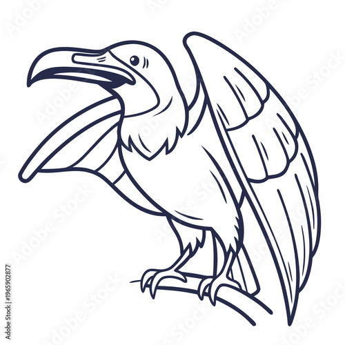 Raven bird with open wings and beak line art illustration vector graphic isolated on white background