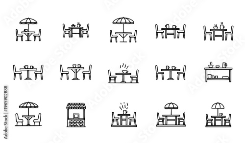 Street Terrace Cafe Line Icons Outdoor Dining Restaurant Furniture Vector Collection