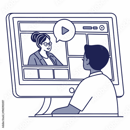 Person watching online lecture on computer screen with female professor speaking during virtual class or video tutorial