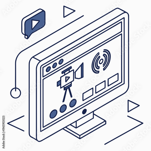 Isometric illustration of desktop computer with broadcast icons and play button for live streaming or online video production