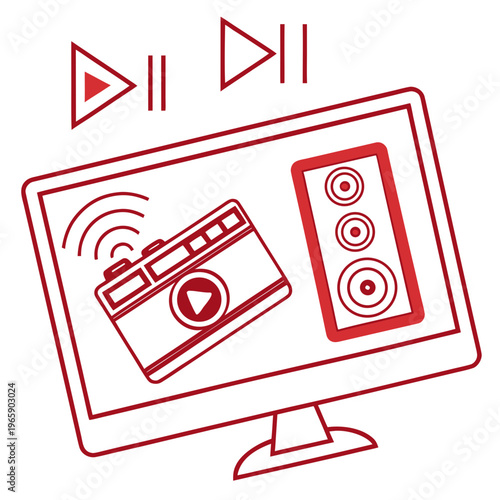 Digital screen displays vintage camera with speaker and audio waves, play button, pause and play icons above