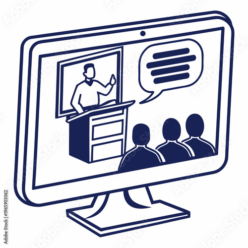 Computer screen displays online lecture, speaker at podium addressing audience, speech bubble with text, e-learning