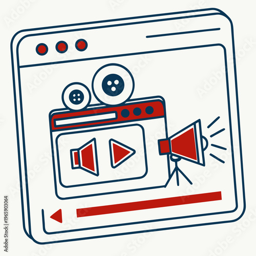Online video player interface with movie camera and megaphone flat vector illustration representing digital content creation and streaming services