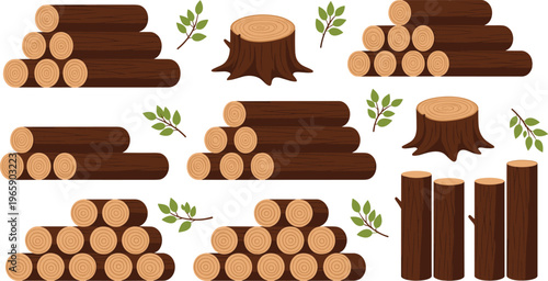 Wooden Logs and Tree Stumps with Fresh Green Leaves, Featuring Different Log Stacks and Tree Remnants in a Cartoon Style