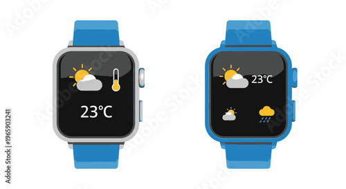 Smartwatch displays weather information isolated on white background