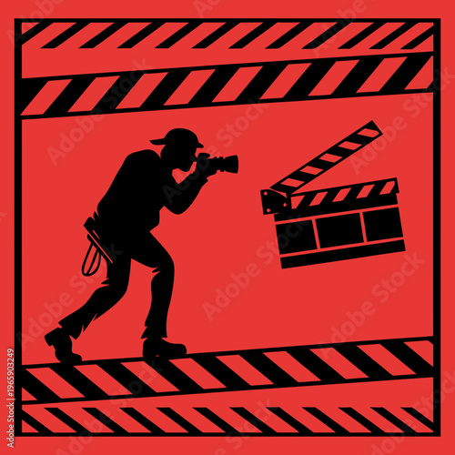 Cameraman silhouette filming with professional equipment on red background featuring clapperboard and warning stripes for production concept design