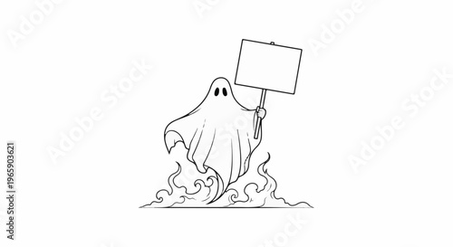 A simple line drawing of a ghost holding a blank sign above flames