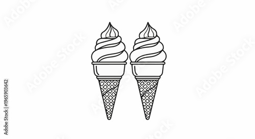 Two stylized ice cream cones with swirled tops in waffle cones