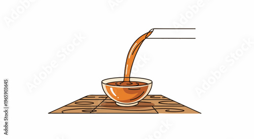 Brown liquid streams from spout into a clear bowl on patterned surface