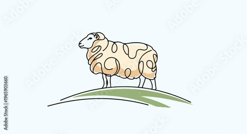 A simple line drawing of a sheep with curly wool stands on a green hill