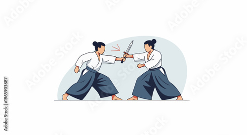 Two people in traditional martial arts attire sparring with swords
