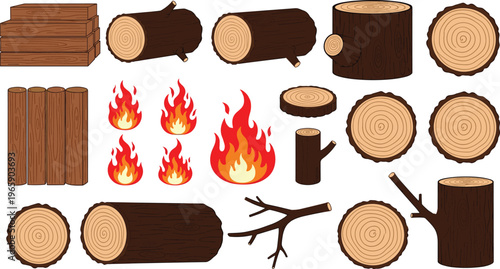 Wooden Logs, Tree Branches, and Flames, Featuring Stacked Logs, Tree Rings, and Fire in a Cartoon Style