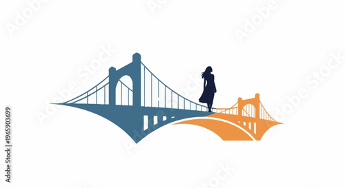 A solitary figure stands on a suspension bridge, gazing outward
