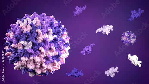 Adeno-associated virus (AAV) capsid model, microscopic visualization of gene therapy vector in intracellular environment. 3D render