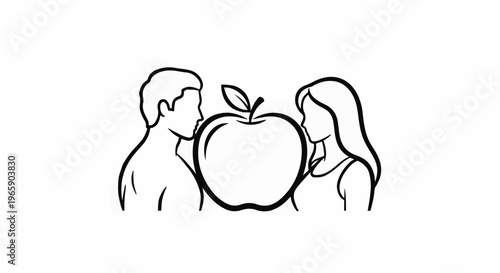 Couple facing each other with a large apple between them