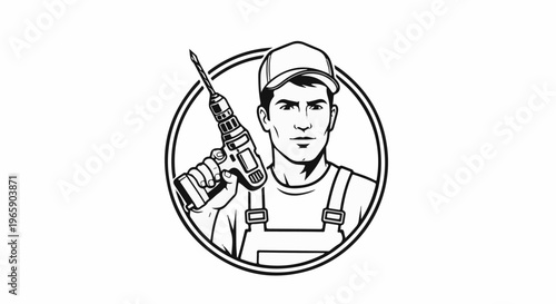 Determined craftsman in cap and overalls holds drill within circular frame