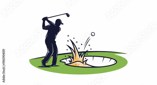 Golfer swings at ball near sand trap on green