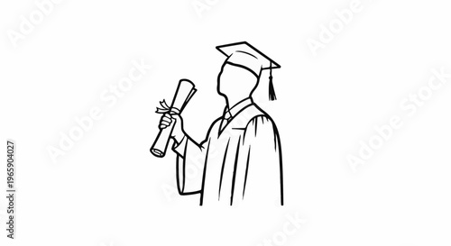 Graduation ceremony figure in cap and gown holding a diploma