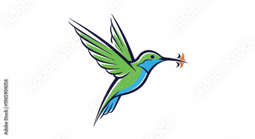 Green and blue hummingbird with orange flower in beak on white