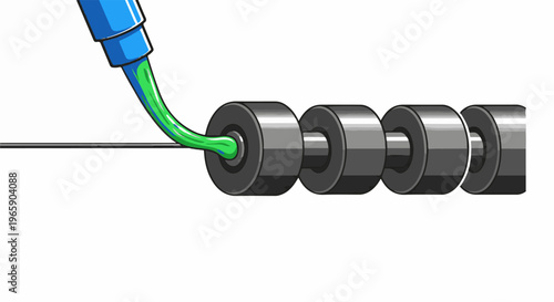 Green goo drips from a blue tube onto a line of industrial rollers