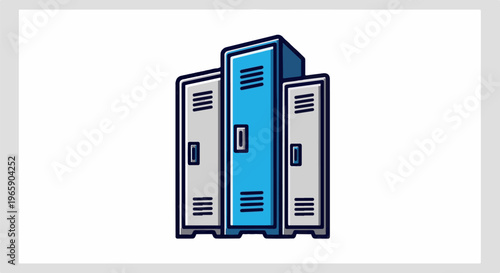 Three stylized lockers, one blue, two grey, with vents and handles