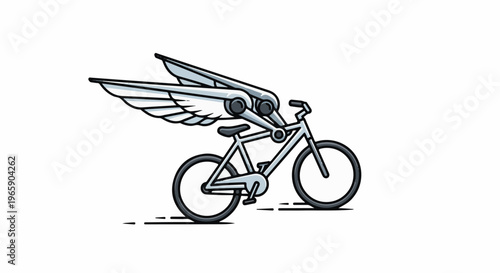 A stylized silver bicycle with feathered wings attached to the handlebars