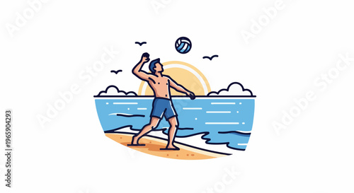Man playing volleyball on a sandy beach with the ocean and sun