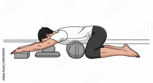 Person in child's pose with yoga props, resting forehead on block