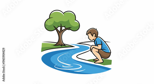 Boy by river with tree