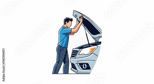 Person opens car hood, looking at engine