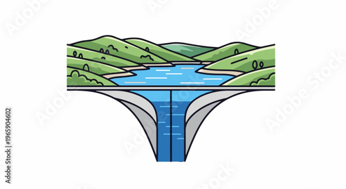 Scenic reservoir and cascading waterfall from a bridge structure