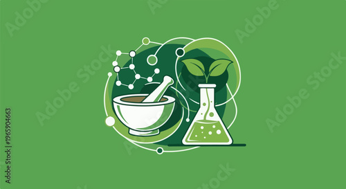 Scientific illustration of a mortar and pestle and a flask with plant
