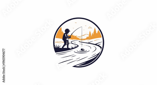Silhouette of child fishing in a stream with trees and mountains