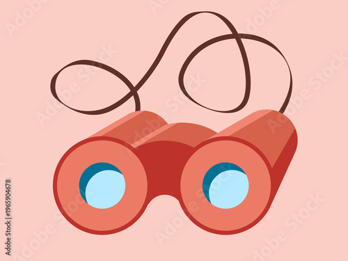 A stylized illustration of bright red binoculars with soft highlights and gentle shadows. The lenses are light blue, and a looping strap adds motion against a warm neutral backdrop.