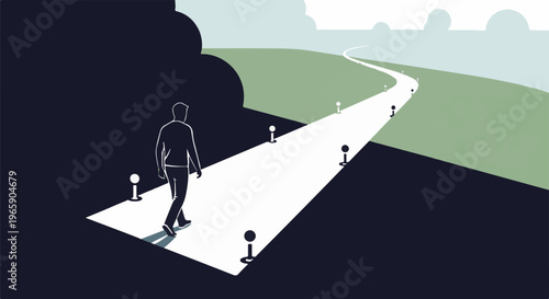 Silhouette of a person walking on a illuminated path toward a distant horizon