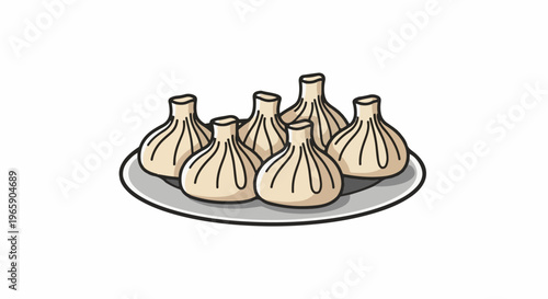 Six cartoon khinkali dumplings on a grey plate