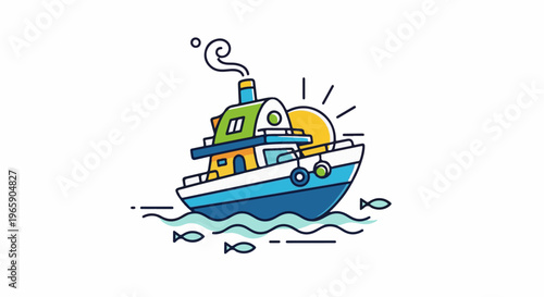 Stylized illustration of a colorful boat sailing on wavy water with fish