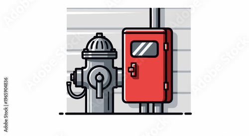 Stylized illustration of a fire hydrant and red alarm box against a brick wall